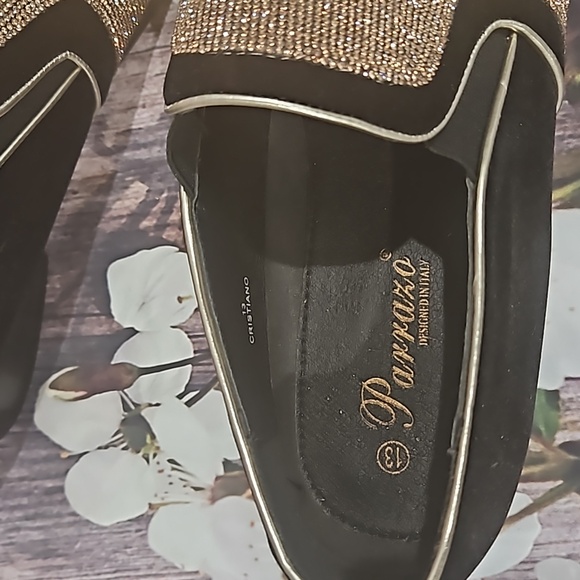 Parrazo Black Velvet & Gold Rhinestone Smoking Loafers With Gold Tip - Picture 7 of 7